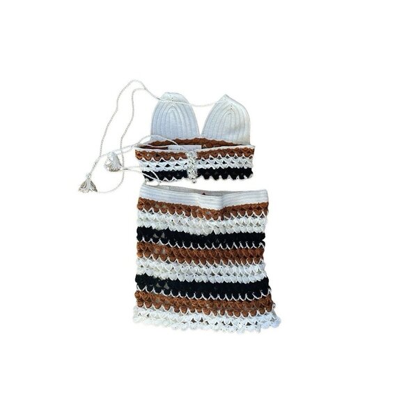 NWT My Beachy Side Crochet Halter Top Bikini Skirt Set White Brown Black Medium - Picture 8 of 12